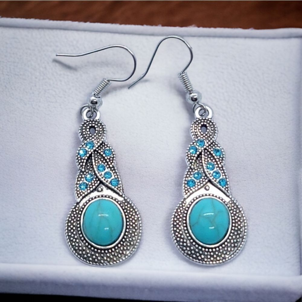 Western Turquoise Bead Rhinestone Earrings Pierced Native American Boho Jewelry
